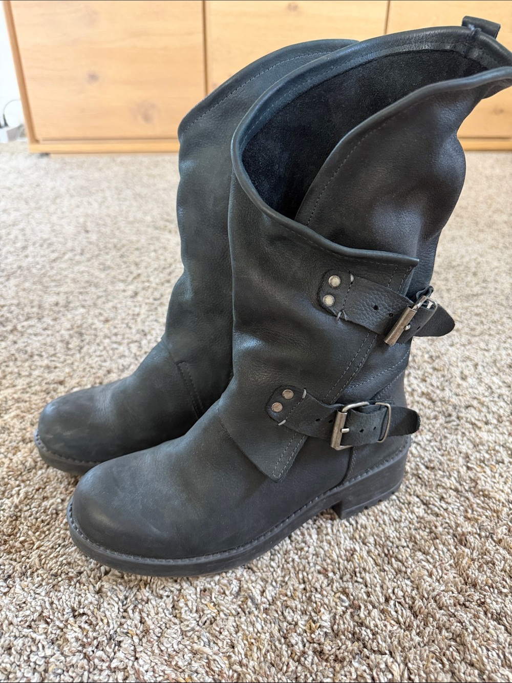 Coolway Black Mid-Calf Buckle Leather Boots